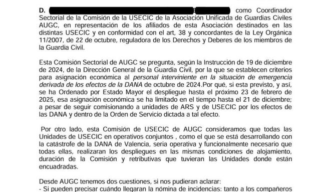 Escrito remitido a la Dirección General de la Guardia Civil.